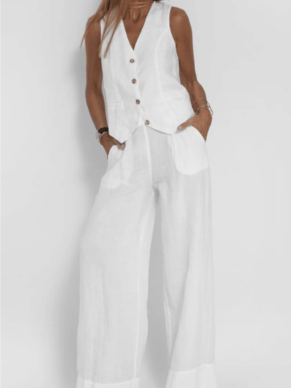 Women’s White Wide-Leg Linen Pants with Matching Vest